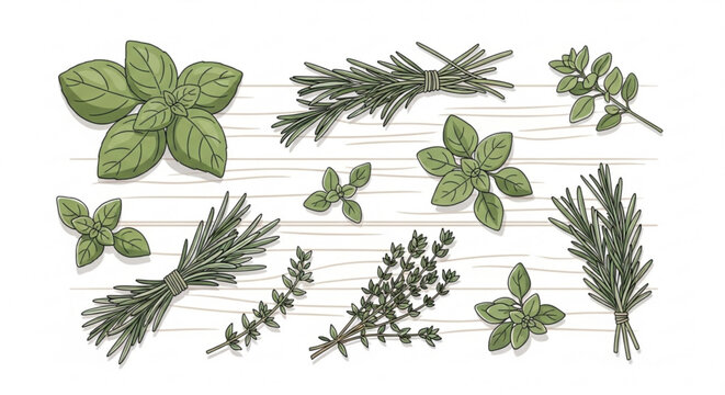 An illustration of various herbs including basil rosemary and thyme arranged on a simple background with thin lines vector