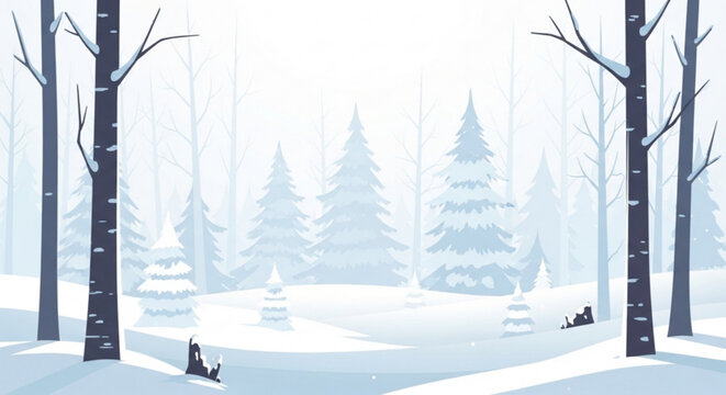 A serene winter forest scene featuring snow-covered trees and a misty atmosphere in a minimalist vector illustration with a predominantly blue color scheme and bare tree trunks vector
