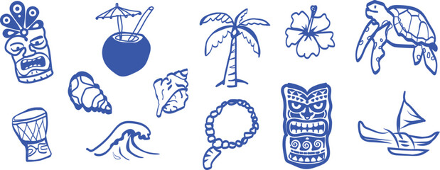 Hand-drawn Polynesian culture doodle icon set featuring various Hawaiian tropical symbols in vector style, isolated. © Line Pix