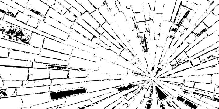 Black and white grunge vector illustration of shattered glass or broken brick wall texture with radial lines and fragments