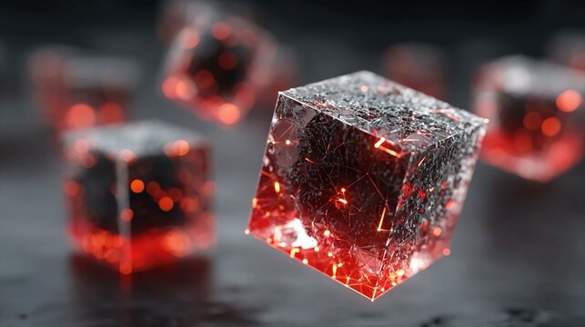 Abstract tech illustration with digital cubes connected by glowing red lines, symbolizing data processing, cloud platforms, Kubernetes, cybersecurity, AI, and futuristic technology concepts