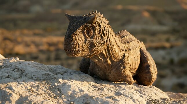 Carnotaurus Dinosaur Resting on Rocks in a Dry Arid Landscape at Sunset
