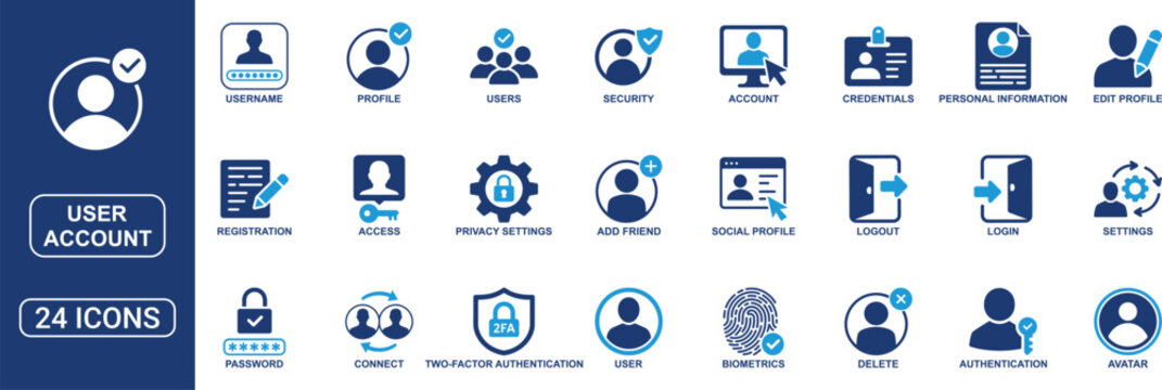 User Account Solid Icon Set Featuring Profile Login Password Username Avatar Authentication Security Settings Social Connect and Registration Vector Icons Collection