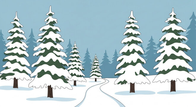 A minimalist winter scene illustration featuring snow-covered pine trees and a winding path through a serene snowy landscape with a clear blue sky vector