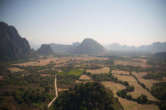 Scenic Vang Vieng Laos valley landscape under clear sky