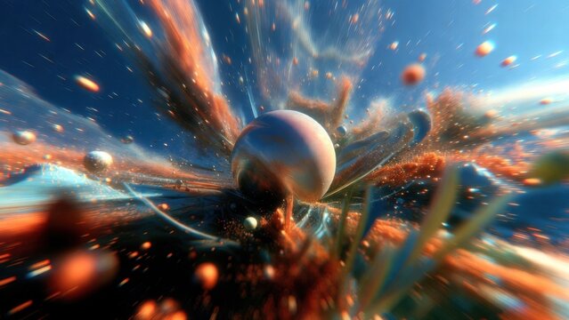 Metallic sphere bursting through fluid motion in space scene