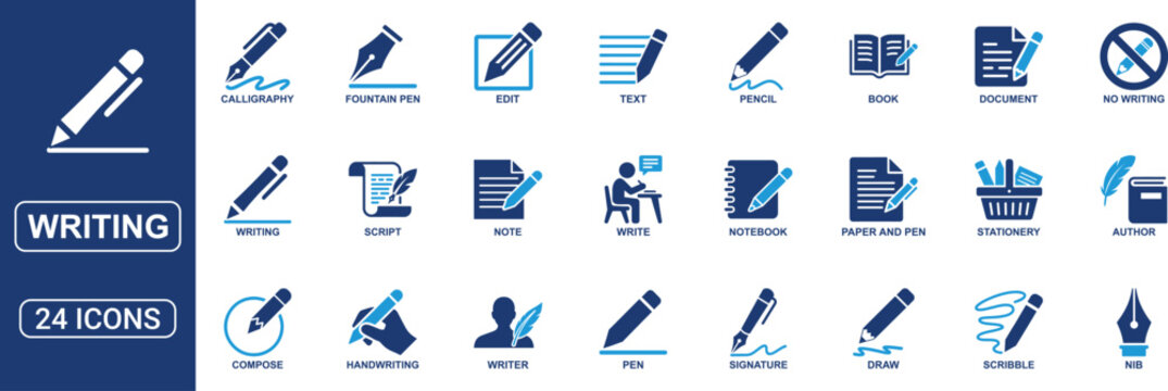 Writing and Editing Solid Icon Set Featuring Pen Pencil Document Note Text Author Handwriting Calligraphy Signature Script and Stationery Vector Icons Collection