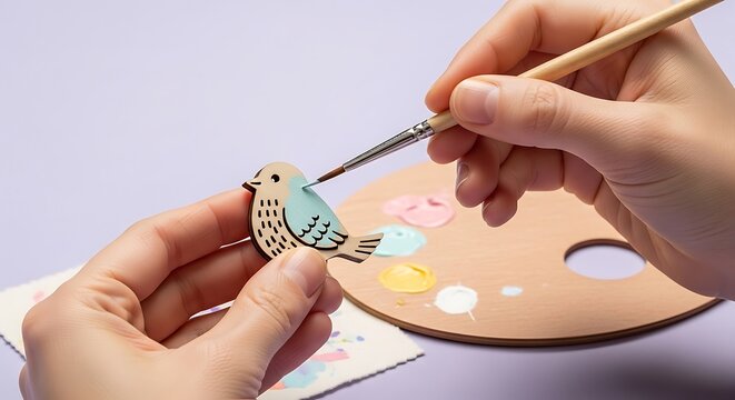 hands painting a small wooden decoration with a brush