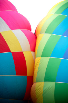 Colorful hot air balloon envelope close up during flight