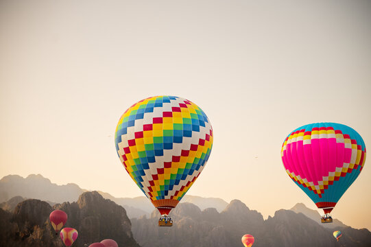 Colorful hot air balloon flight over Vang Vieng Laos