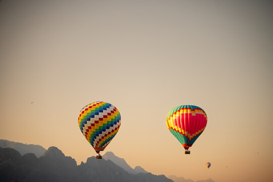Colorful hot air balloon flight over Vang Vieng Laos