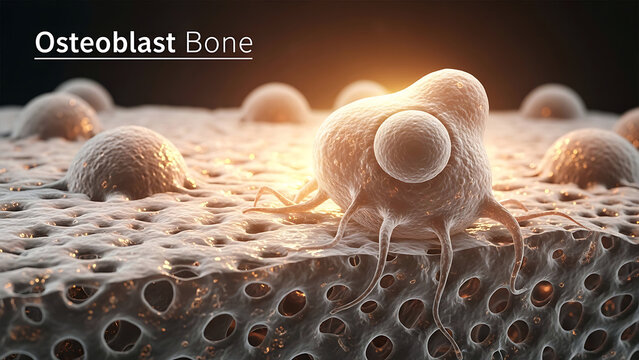 An osteoblast cell actively builds bone matrix on a porous surface in a laboratory setting with a microscope view.