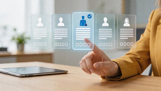 Business woman selecting recruiting best candidate for job human resources hiring selection process virtual touch screen interface