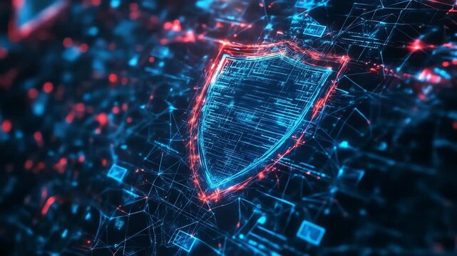 Digital security shield abstract network representation on a dark background