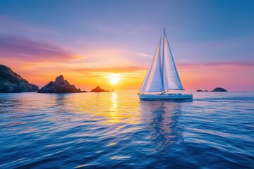 Fototapeta premium Sunset sailboat gliding across tranquil blue ocean near rocky islands