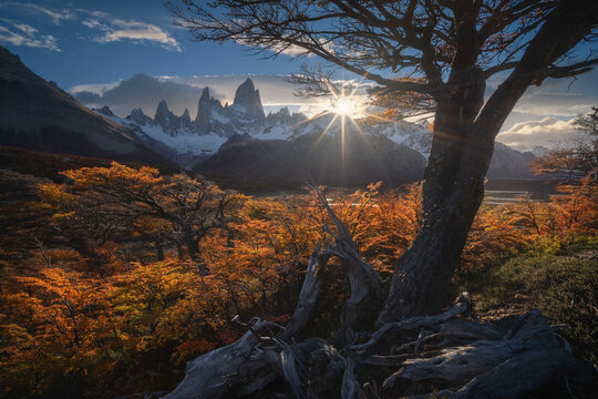 Sunrise over Mount Fitz Roy peaks in Patagonia, Argentina