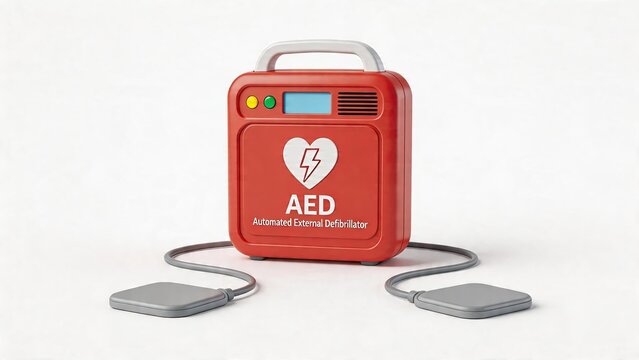 Red automated external defibrillator unit isolated on white medical equipment for emergency heart rescue AED device with electrodes healthcare safety technology