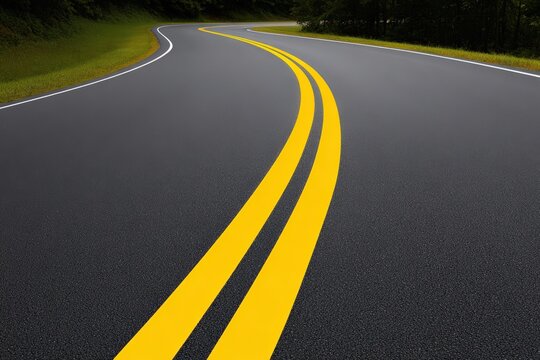 Winding two-lane road with bright yellow center lines through countryside