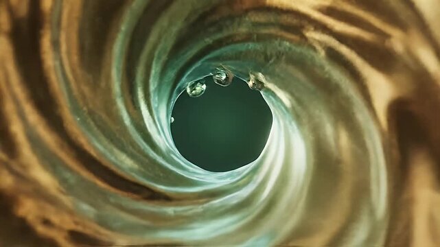A mesmerizing abstract visualization depicts a swirling vortex of liquid and bubbles against a dark, digital background, evoking themes of data flow and scientific processes.