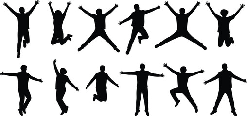 Collection of jumping people silhouettes featuring happy men and women celebrating success and freedom for active lifestyle vector designs © Md