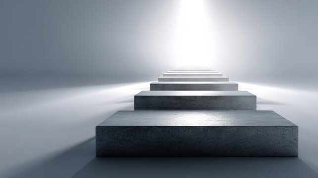 Monolithic Concrete Steps Receding Toward a Bright Abstract Light Horizon