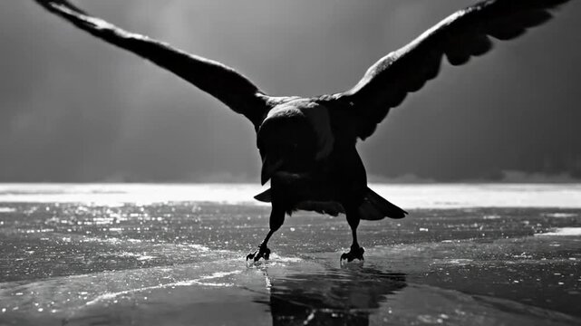 Black and white shot of a raven landing on a frozen lake with dark, dramatic clouds in the background