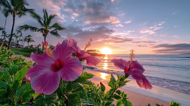 Tropical Beach Sunset with Hibiscus Flowers.