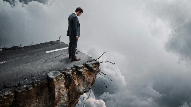 Man in suit stands on edge of broken road over cliff with stormy clouds. A lone businessman in a suit contemplates a precipice where a road has crumbled away into a dramatic, cloudy abyss