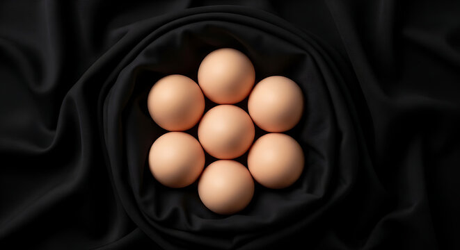 Brown eggs arranged on black fabric background in a circular pattern