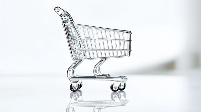 carrier. Isolated shopping cart with metallic sheen against a softly blurred white backdrop. pitch deck slides, case study pages, designed for enterprise HRIS and productivity software interfaces.