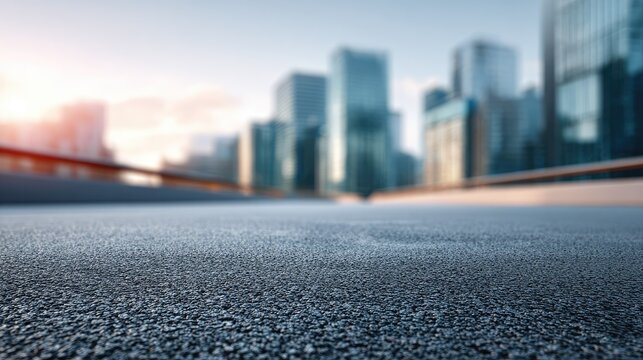 Urban Asphalt Surface with High-Rise City Buildings in the Background at Sunrise, Modern Architecture and Clear Sky View in an Urban Environment