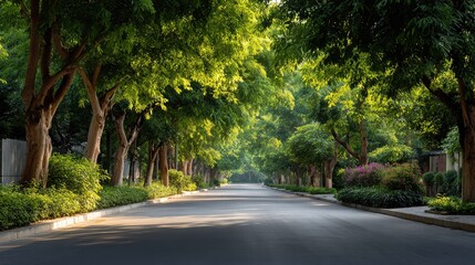 Obraz premium Serene Tree-Lined Street Bathed in Warm Morning Light with Lush Greenery and Sunlight Filtering through Foliage in a Peaceful Urban Environment