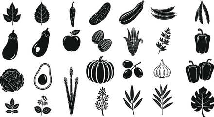 Fototapeta premium Black and white vegetable and herb icons set Vector