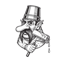 Naklejka premium Gnome-Like Figure with Bucket Hat Wielding a Spray Paint Can — Graffiti Trickster Ink Vector Art