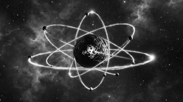 Black and white animation of a celestial object with atomic and space-themed elements, like an atomic nucleus with orbits