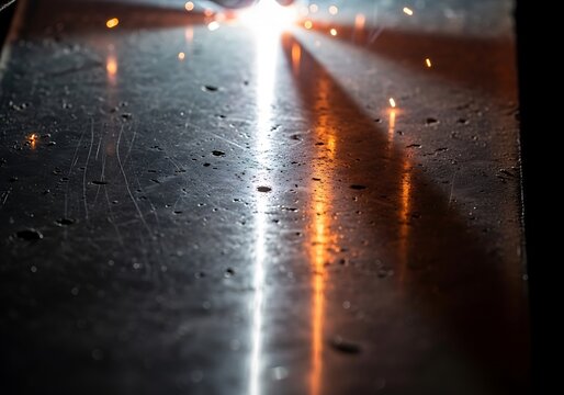 Close-up of industrial welding process with bright sparks and reflections on metal