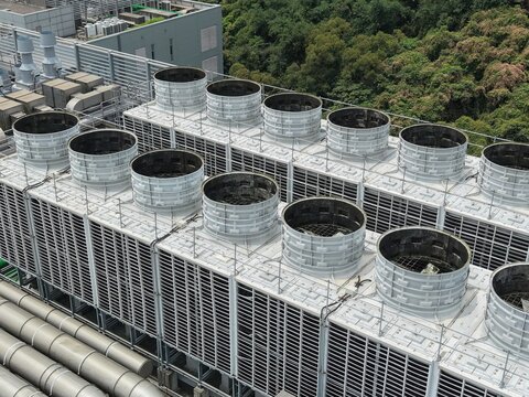 Aerial view of cooling towers for a data center.