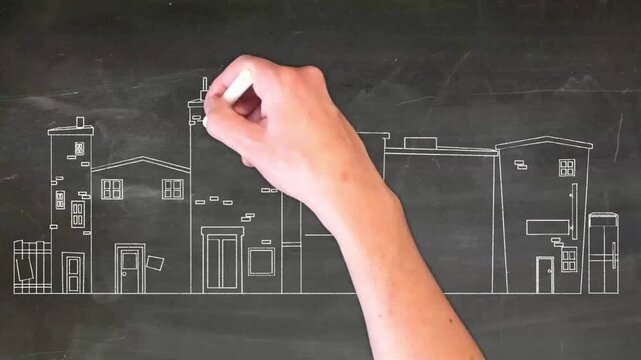 Hand-Drawn Whiteboard Animation of a City Street with Buildings, a Car, and Clouds on a Blackboard
