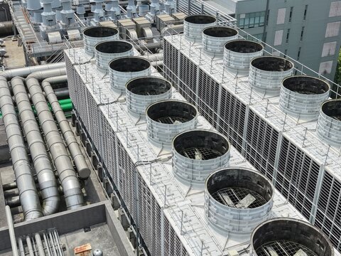 Aerial view of cooling towers for a data center.