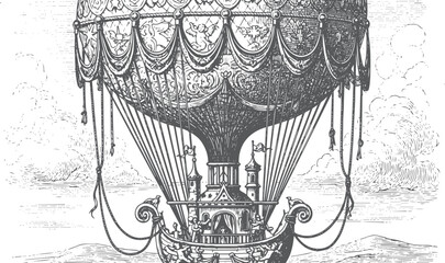 Vintage engraving of an ornate hot air balloon with gondola © miht3325