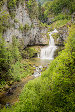 Long exposure waterfall and river in Lods, France gorge