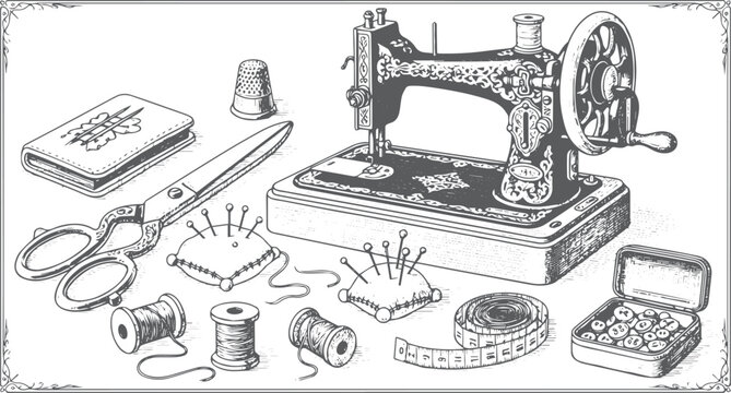 Vintage sewing machine with tailoring tools and accessories