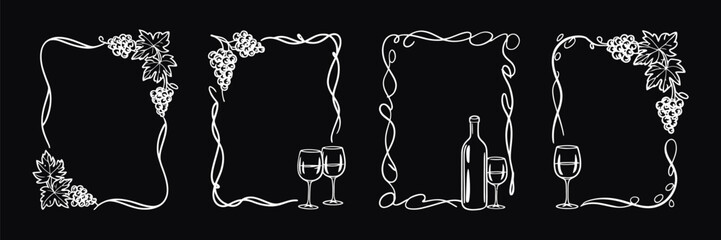 Wine and Grape Sketch Frame Set, Whimsical Hand Drawn Chalkboard Illustration with Vine, Wineglass, Bottle, Crayon, Charcoal, Paint Brush and Pastel Vintage Border on Blackboard. © RIOTOO