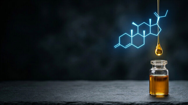 A soft, minimalist wellness composition of a cortisol molecule symbol in pale blue floating above a smooth white stone surface, with space for text  