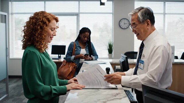 A diverse group of people interacting at a reception desk in a modern office setting, focused on customer service and administrative tasks