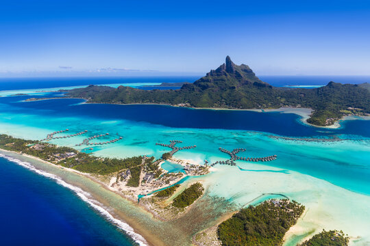 Aerial view of Bora Bora lagoon in French Polynesia