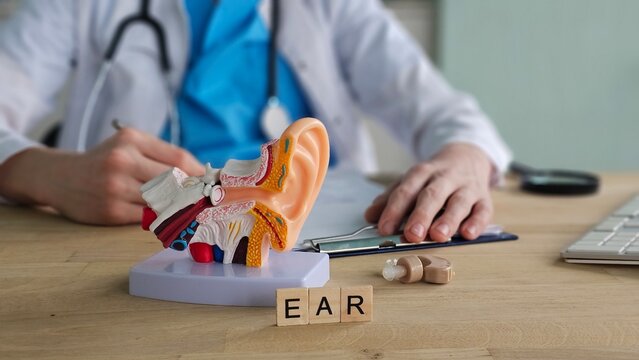 Doctor examines ear model while taking notes at clinic desk during regular consultation for patients concept
