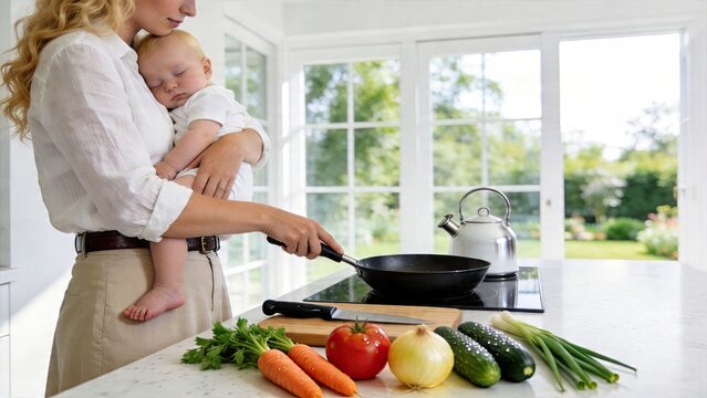 Mother cooking while holding sleeping baby in bright kitchen juggling childcare and meal prep multitasking parent busy family life fresh vegetables on counter
