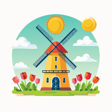 Illustration of a Dutch windmill with tulips and sun