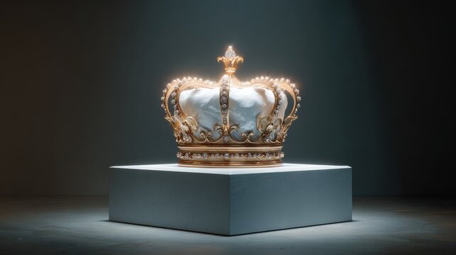 Exquisite royal crown displayed on a pedestal illuminated by soft light, symbolizing power, luxury, and majesty in a captivating artful setting